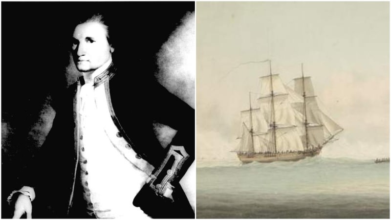 Capt. James Cook (L) shown in an undated portrait by John Webber, the depiction of HMS Endeavour shown on the right.