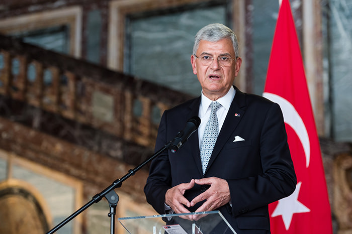 Turkey's EU Affairs Minister Volkan Bozkir addresses the media after a meeting with Belgium Foreign Minister Didier Reynders at the Egmont Palace in Brussels on Thursday May 12, 2016. (AP Photo)