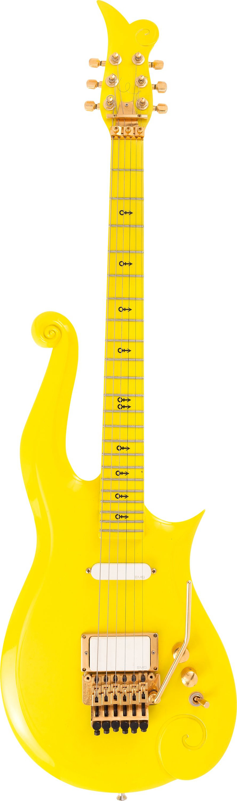 This photo provided by Heritage Auctions shows the bright yellow guitar used by Prince to perform such tunes as 