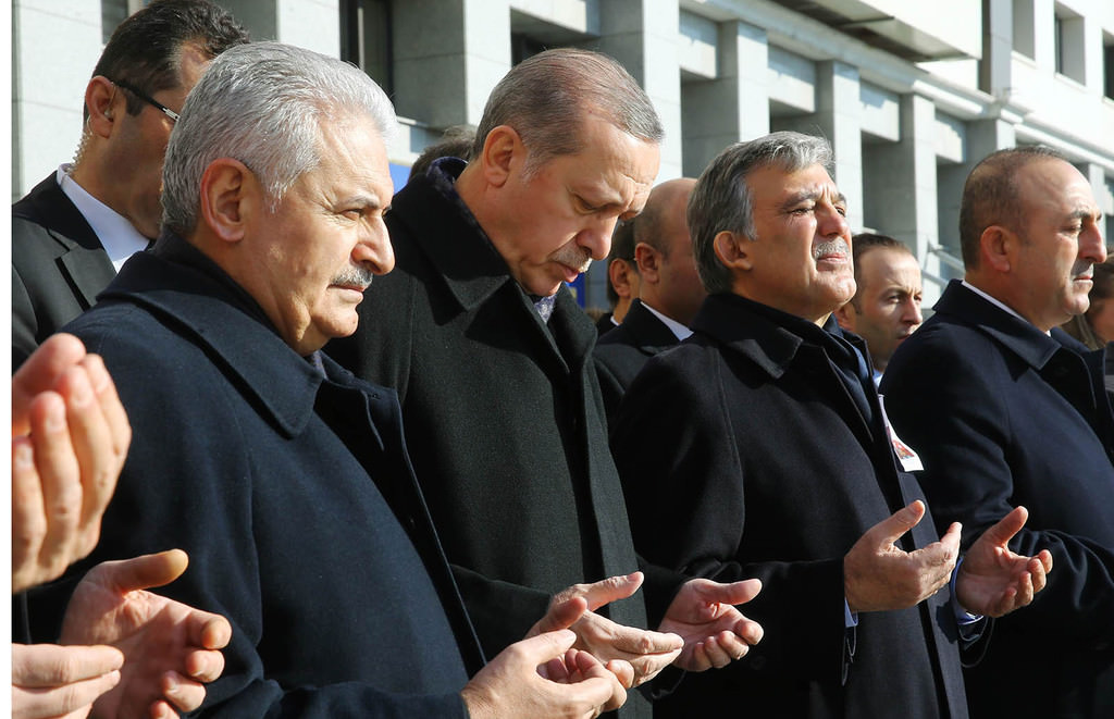 PM Yıldırım, President Erdoğan, former President Gül and FM Mevlüt Çavuşoğlu attending the funeral ceremony for the victims of Istanbul terror attacks at Police Department headquarters (AFP Photo)