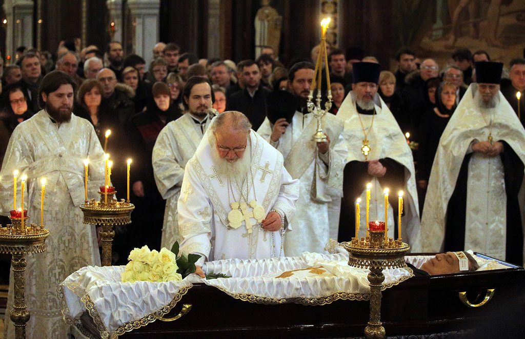 Russian Orthodox Church Patriarch Krill, third left, conducts a religious service for killed Russian ambassador to Turkey, Andrei Karlov inside the Christ the Saviour Cathedral in Moscow