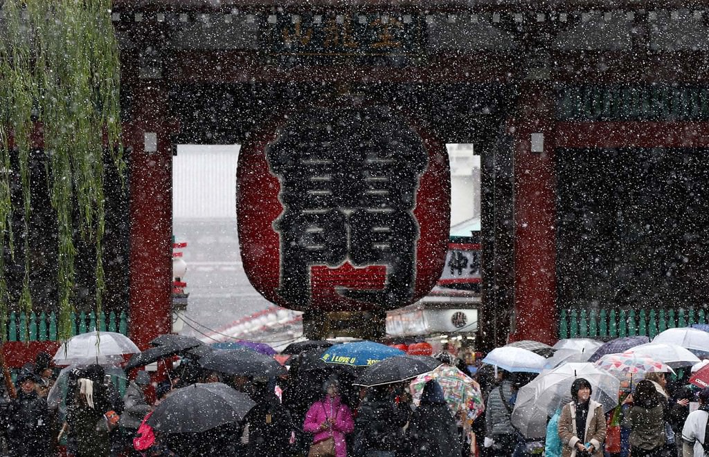 Tourists visit the Kaminarimon gate during the first November snowfall in 54 years in Tokyo, at Senso-ji Temple in Tokyo's Asakusa district, Japan, Nov. 24, 2016. (REUTERS Photo)