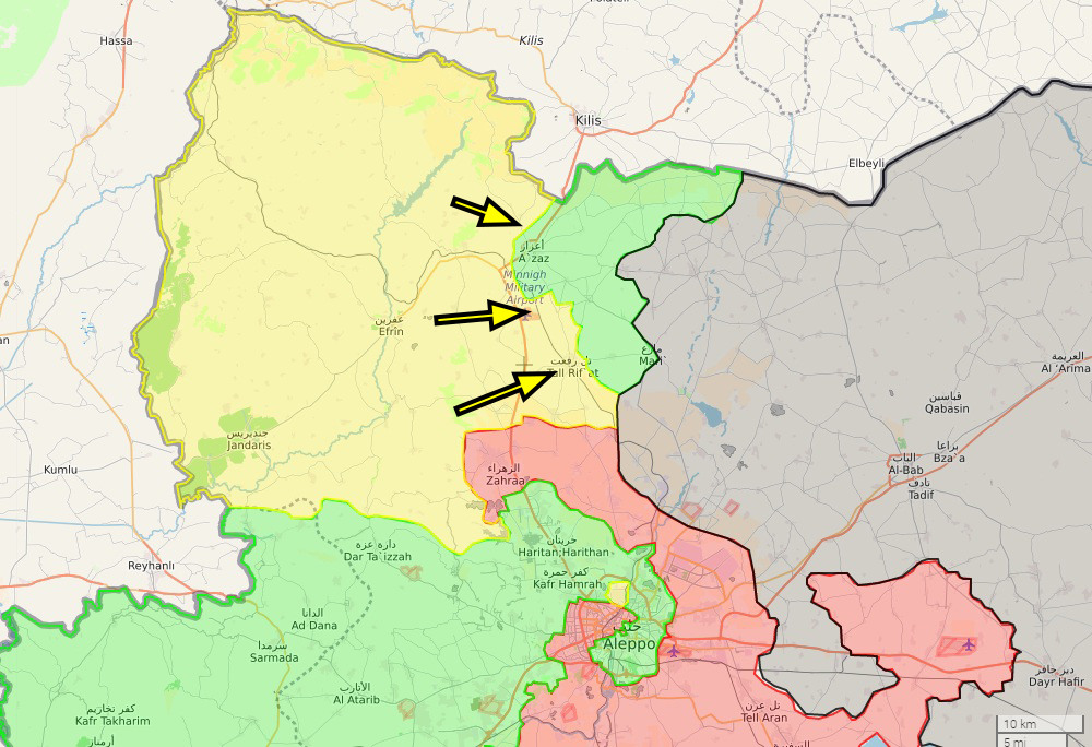 The PYD/YPG forces in Afrin also moved eastwards to opposition-held territory, capturing Menagh Air Base and the town of Tal Rifaat while pressuring Azaz, preventing an opposition counter attack.