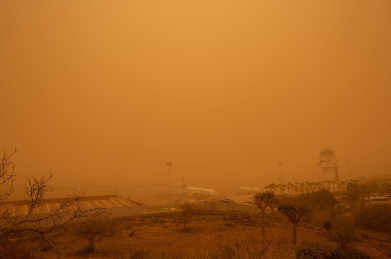 Planes are pictured at Tenerife South–Reina Sofia Airport during a sandstorm on Feb. 23, 2020 on the Canary Island of Tenerife. (AFP Photo)