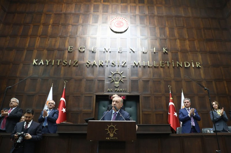 President Recep Tayyip Erdoğan addresses his Justice and Development Party's (AK Party) lawmakers at Grand National Assembly of Turkey (parliament) in Ankara on February 19, 2020. (Photo by Adem ALTAN / AFP)