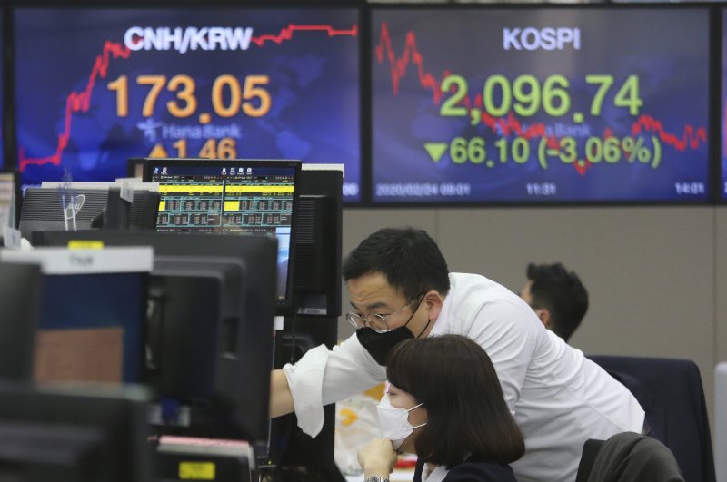 Currency traders wear face masks as they watch monitors at the foreign exchange dealing room of the KEB Hana Bank headquarters in Seoul, South Korea, Feb. 24, 2020. (AP Photo)