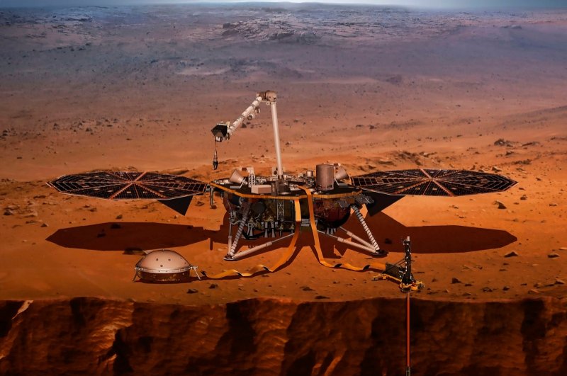 This handout file illustration obtained on April 27, 2018 shows NASA's Interior Exploration using Seismic Investigations, Geodesy and Heat Transport (InSight) which was launched on May 5, 2018 as part of NASA's first-ever mission to study the heart of Mars. (Image by NASA via AFP)