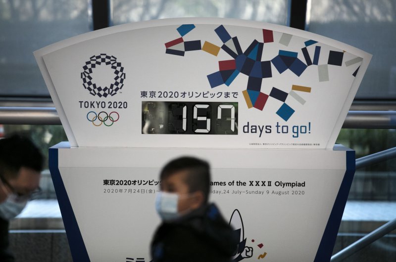 People wearing masks sit in front of a countdown clock for the 2020 Olympics in Tokyo, Feb. 18, 2020. (AP Photo)