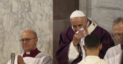 In this picture taken Wednesday, Feb. 26, 2020, Pope Francis wipes his nose during the Ash Wednesday Mass opening Lent, the forty-day period of abstinence and deprivation for Christians before Holy Week and Easter, inside the Basilica of Santa Sabina in Rome. (AP Photo)