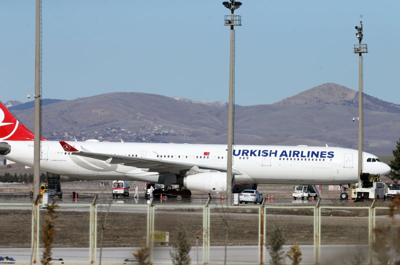 Ambulances are seen near a Turkish Airlines (THY) plane from Tehran after landing at Esenboğa International Airport, Ankara, Feb. 25, 2020. (Reuters Photo)