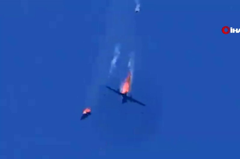Footage shows the downing of a Turkish drone in Syria's northwest, March 1, 2020. (IHA Photo)