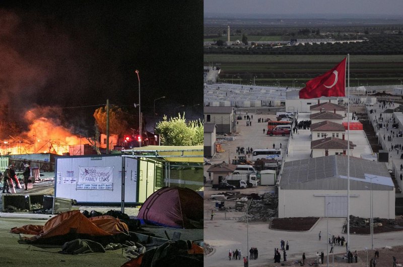 This photo combination shows a Greek migrant camp where a fire erupted during clashes between the police and refugees (L) and a Turkish refugee camp in the country's south.