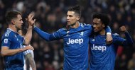 Juventus players Cristiano Ronaldo (C), Cuadrado (R) and Aaron Ramsey celebrate their team's goal against SPAL, Feb. 22, 2020. (AFP Photo)