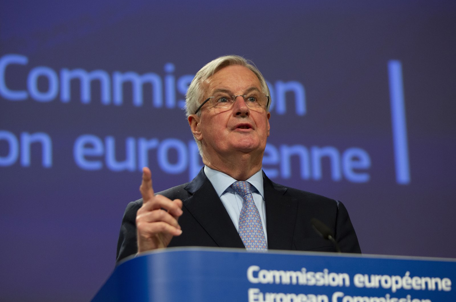 European Commission's Head of Task Force for Relations with the United Kingdom Michel Barnier speaks during a media conference at EU headquarters in Brussels, March 5, 2020. (AP Photo)