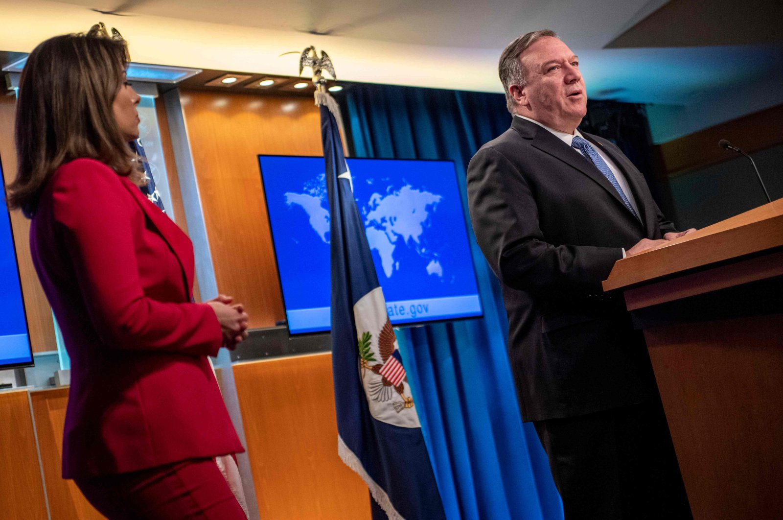 U.S. Secretary of State Mike Pompeo delivers remarks to the media, in the Press Briefing Room, at the Department of State in March 5, 2020 in Washington D.C. (AFP Photo)