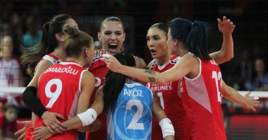 Turkish national women's volleyball team players celebrate a victory, Sept. 8, 2019. (İHA Photo)