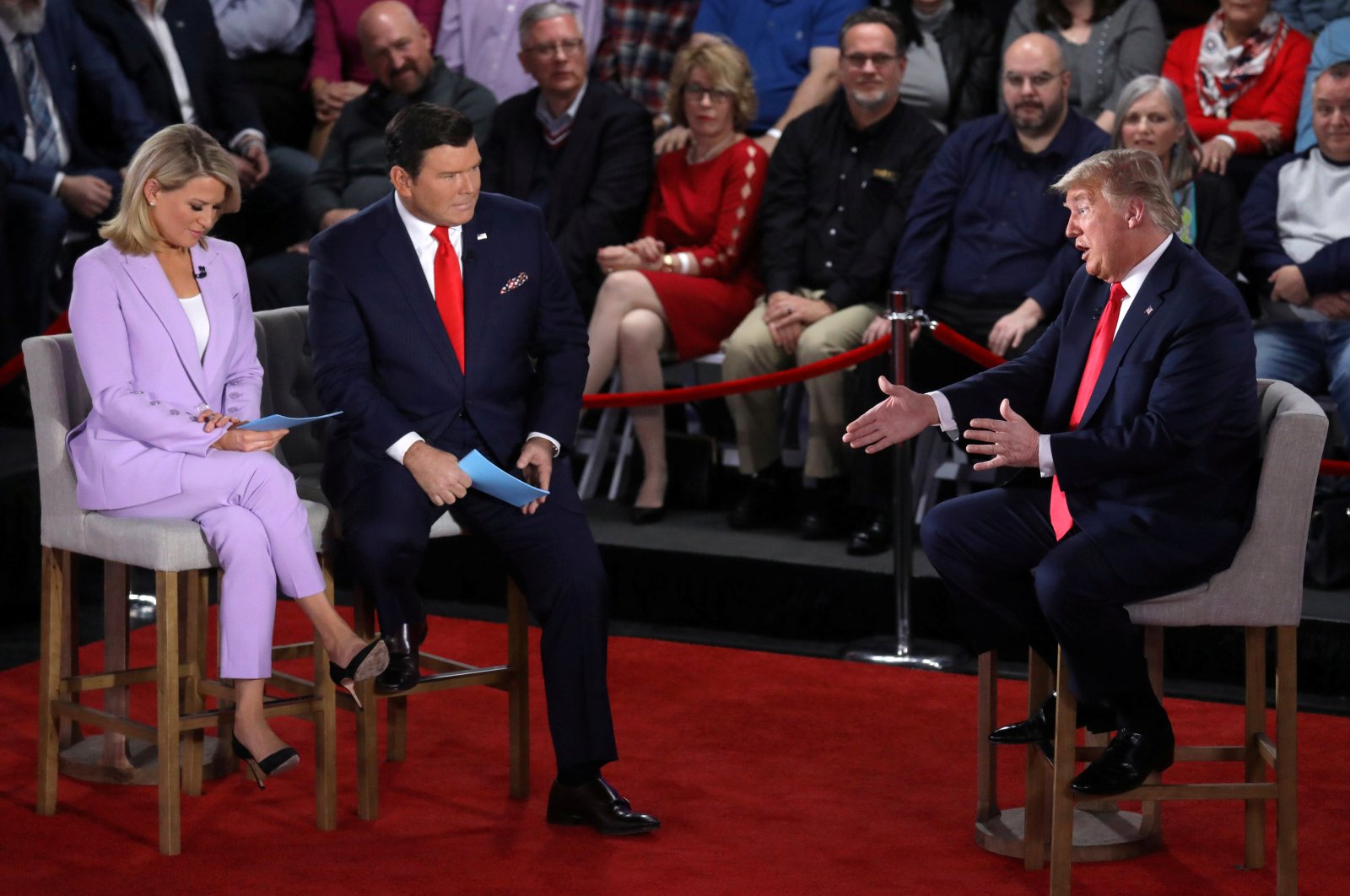 The U.S. President Donald Trump talks at a Fox News Town Hall event with moderators Bret Baier and Martha MacCallum, Scranton, Pennsylvania, March 5, 2020. (REUTERS Photo)