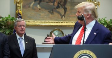 U.S. President Donald Trump gestures back at Rep. Mark Meadows (R-NC) in the Roosevelt Room of the White House in Washington, U.S., October 9, 2019. (Reuters File Photo)