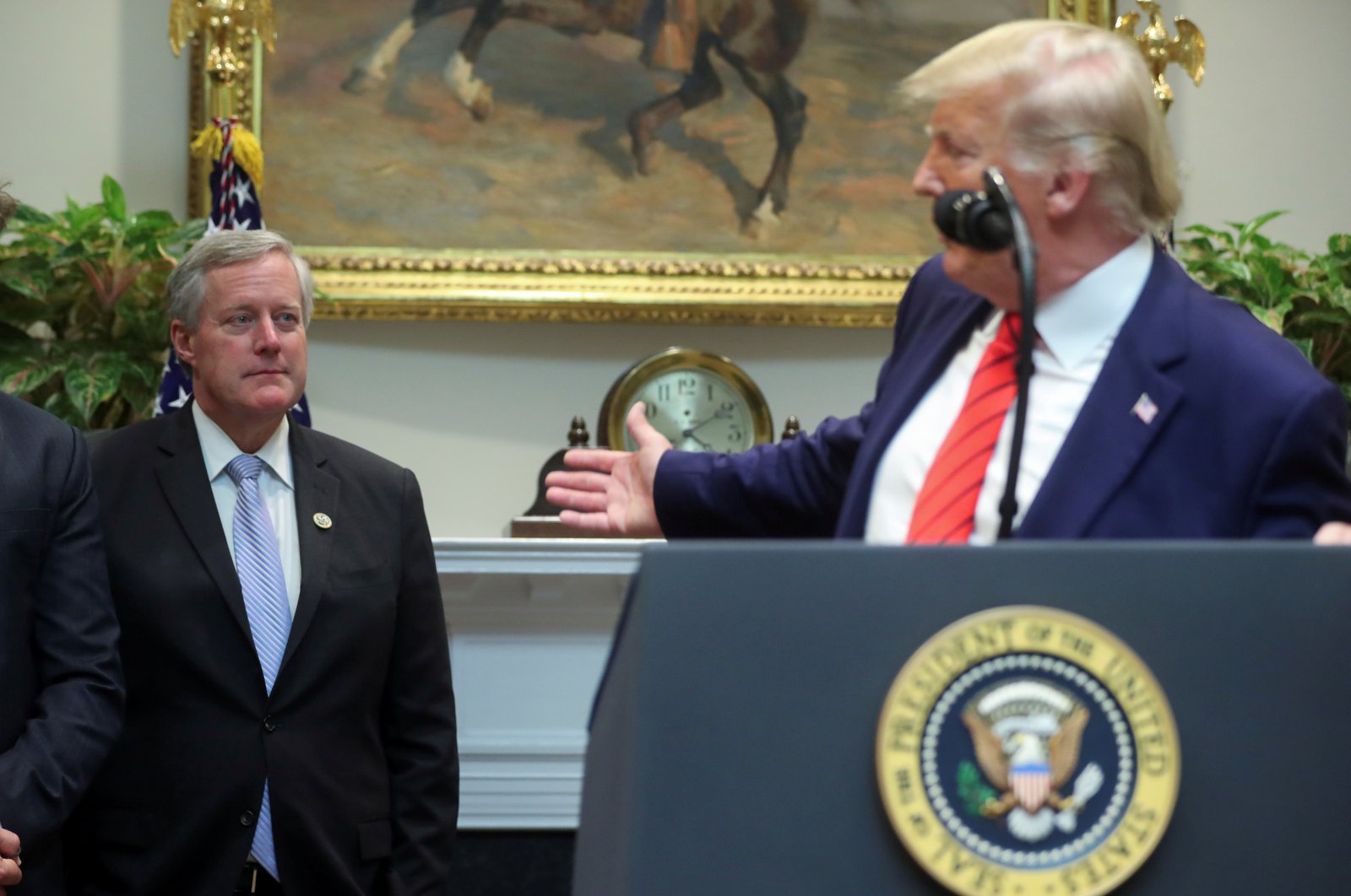 U.S. President Donald Trump gestures back at Rep. Mark Meadows (R-NC) in the Roosevelt Room of the White House in Washington, U.S., October 9, 2019. (Reuters File Photo)