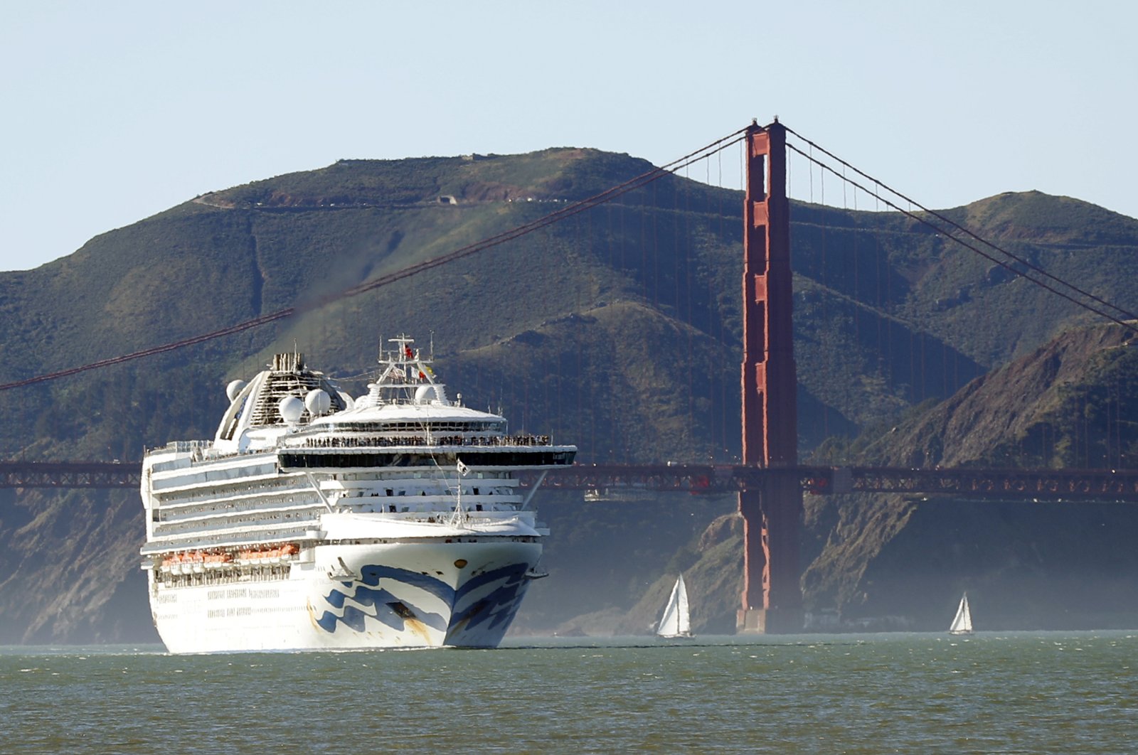 In this Feb. 11, 2020, file photo, the Grand Princess cruise ship passes the Golden Gate Bridge as it arrives from Hawaii in San Francisco. (San Francisco Chronicle via AP)