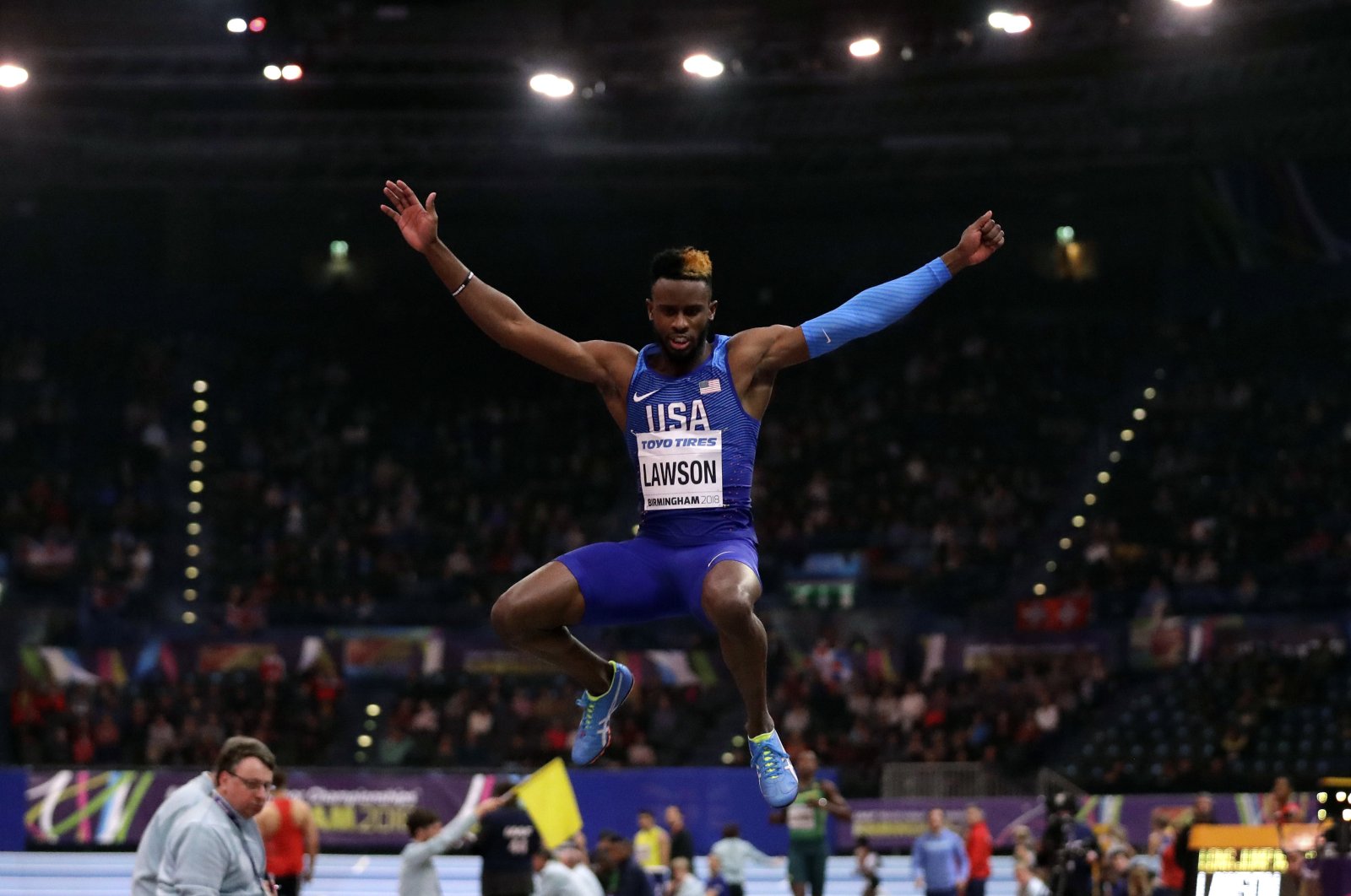 Jarrion Lawson makes an attempt in the men's long jump final, Birmingham, United Kingdom, Mar. 2, 2018. (AP Photo) 