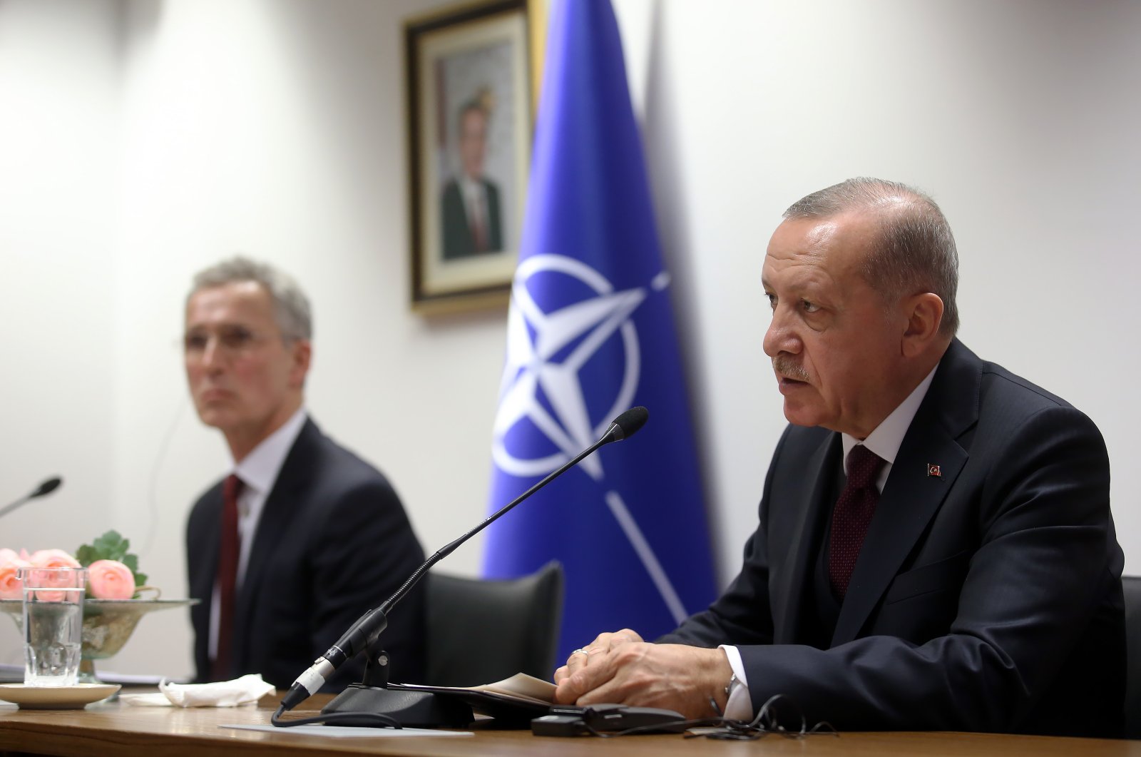 President Erdoğan speaks at a joint conference with NATO Secretary-General Jens Stoltenberg in Brussels, March 9, 2020. (DHA Photo)