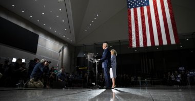 Democratic presidential candidate former Vice President Joe Biden, accompanied by his wife Jill, speaks to members of the press at the National Constitution Center in Philadelphia, Tuesday, March 10, 2020. (AP Photo)