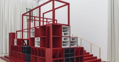 "Bergama Stereotip" 2019-2020,aArchitectural construction with 13-channel sound, loudspeakers, amplifiers, computer, audio interface, wood, metal molton curtain.