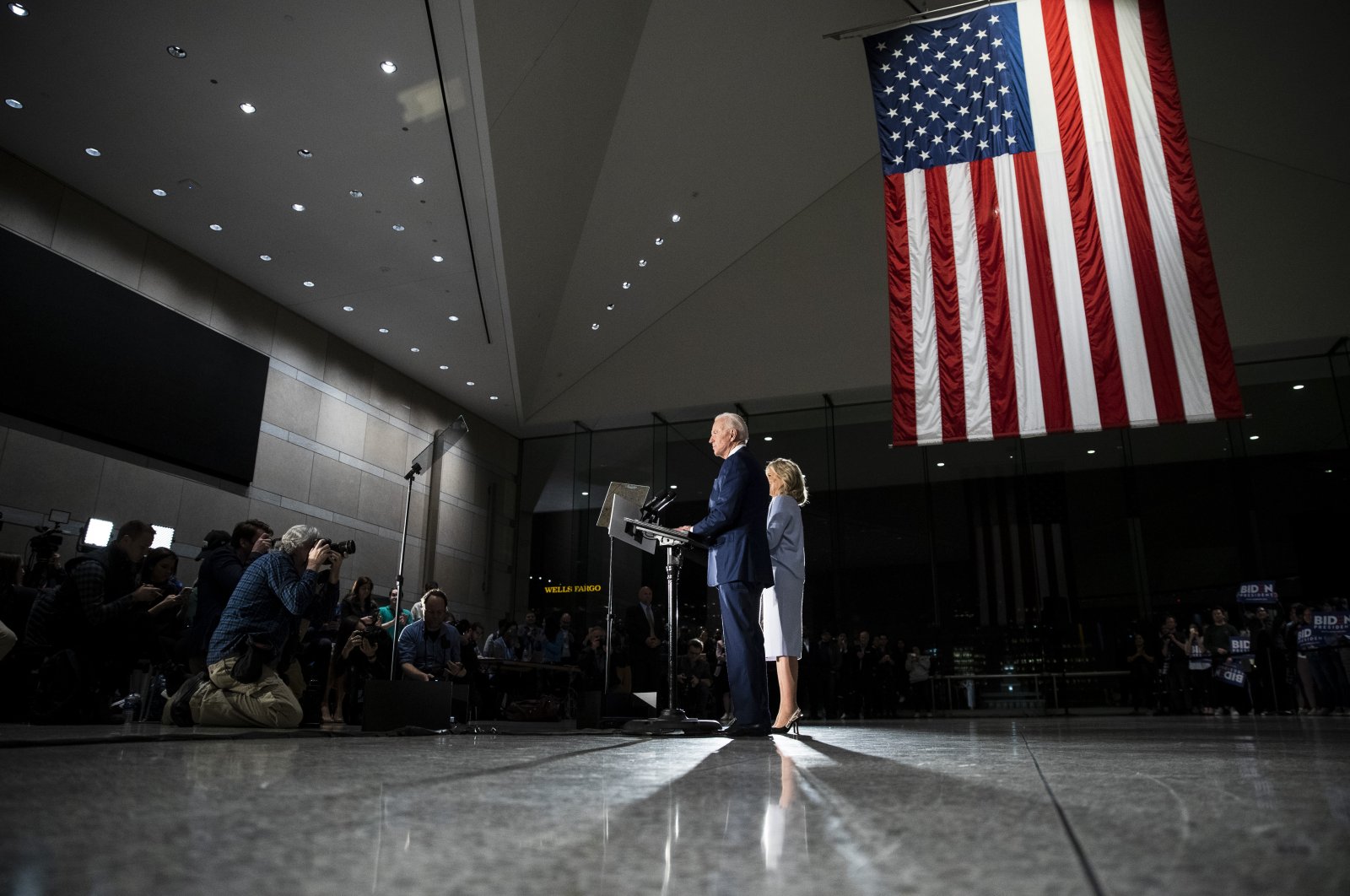 Democratic presidential candidate former Vice President Joe Biden, accompanied by his wife Jill, speaks to members of the press at the National Constitution Center in Philadelphia, Tuesday, March 10, 2020. (AP Photo)