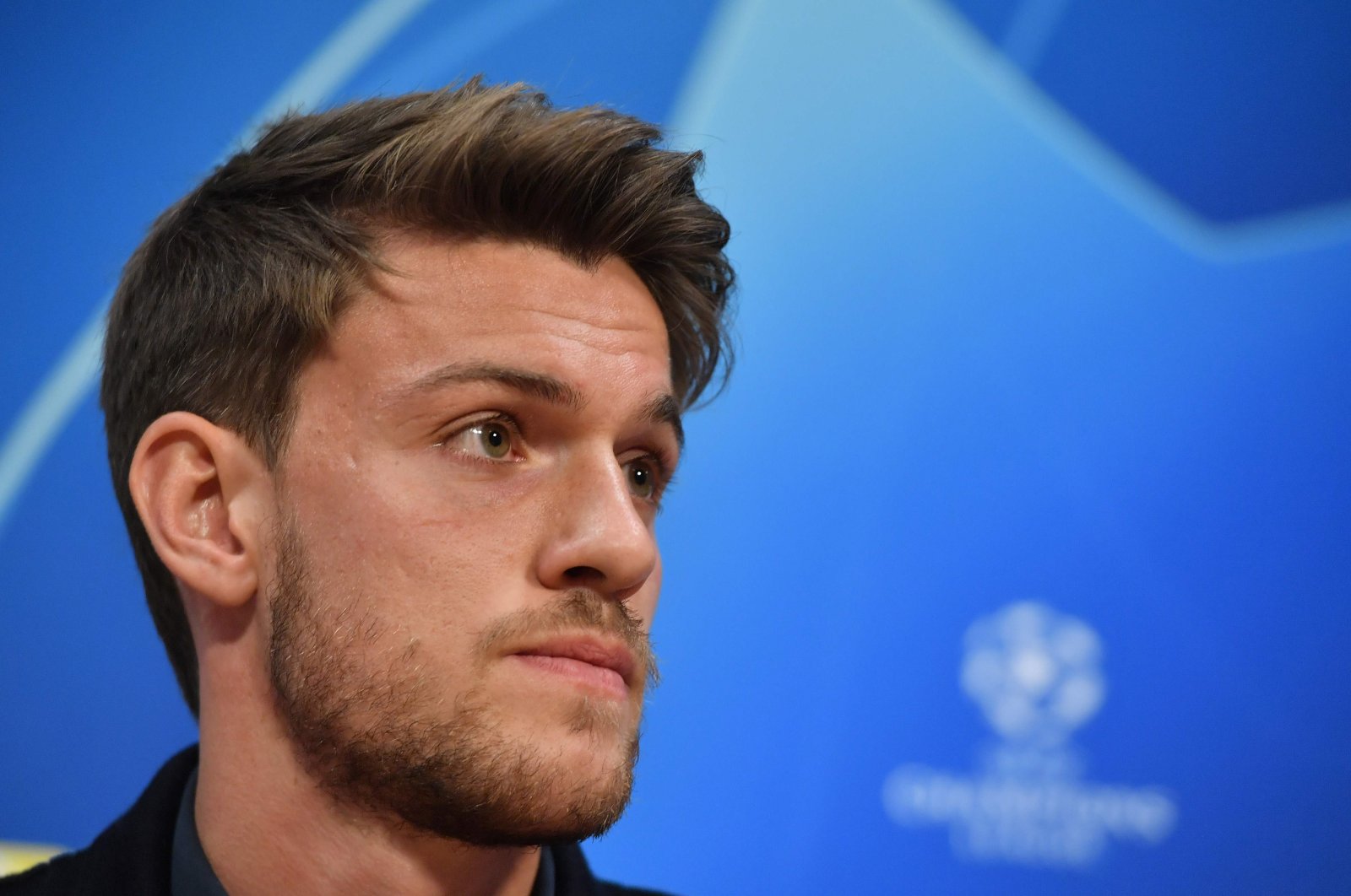In this April 9, 2019, file photo, Juventus' Daniele Rugani answers questions during a press conference at the Johan Cruyff ArenA in Amsterdam, Netherlands. (AFP Photo)