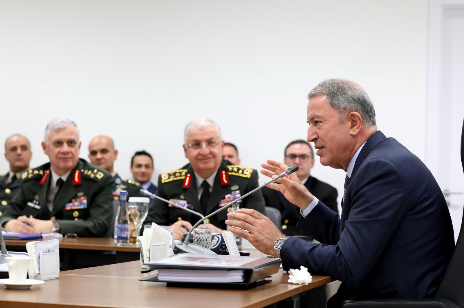 Defense Minister Hulusi Akar holds a meeting with high-level military officials on March 12, 2020. (AA Photo)