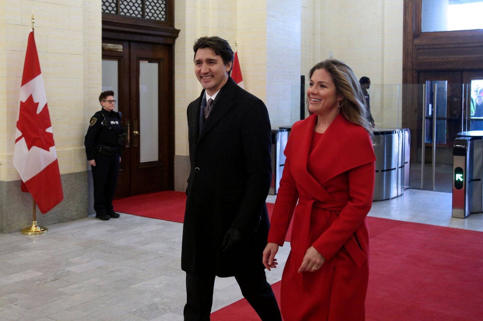 In this file photo, Canadain Prime Minister Justin Trudeau and his wife Sophie Gregorie-Trudeau arrive for the throne speech at the Senate of Canada, Ottawa, Dec. 5, 2019. (AFP Photo)