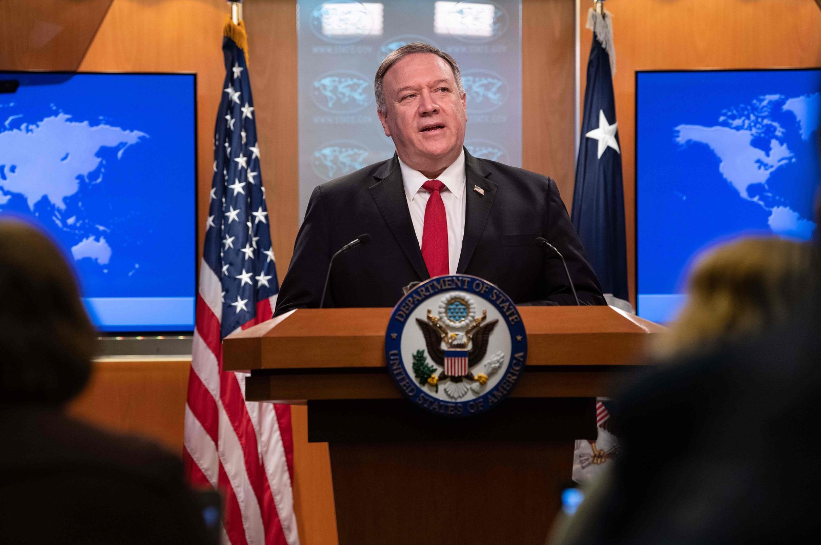 US Secretary of State Mike Pompeo speaks at the State Department in Washington, DC, March 11, 2020. (AFP Photo)