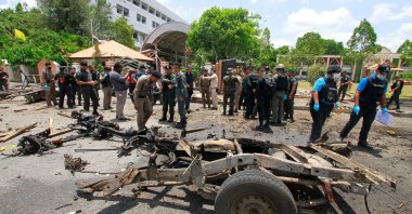 Security personnel inspect the site of a car bomb after it exploded in front of the government's Southern Border Provinces Administrative Centre in Yala, Thailand, March 17, 2020. (Reuters Photo)