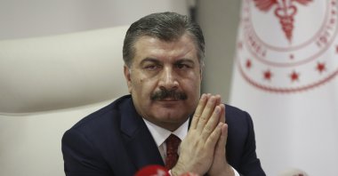 Turkey's Health Minister Fahrettin Koca speaks to the media in Ankara, Monday, March 16, 2020. (AP Photo)