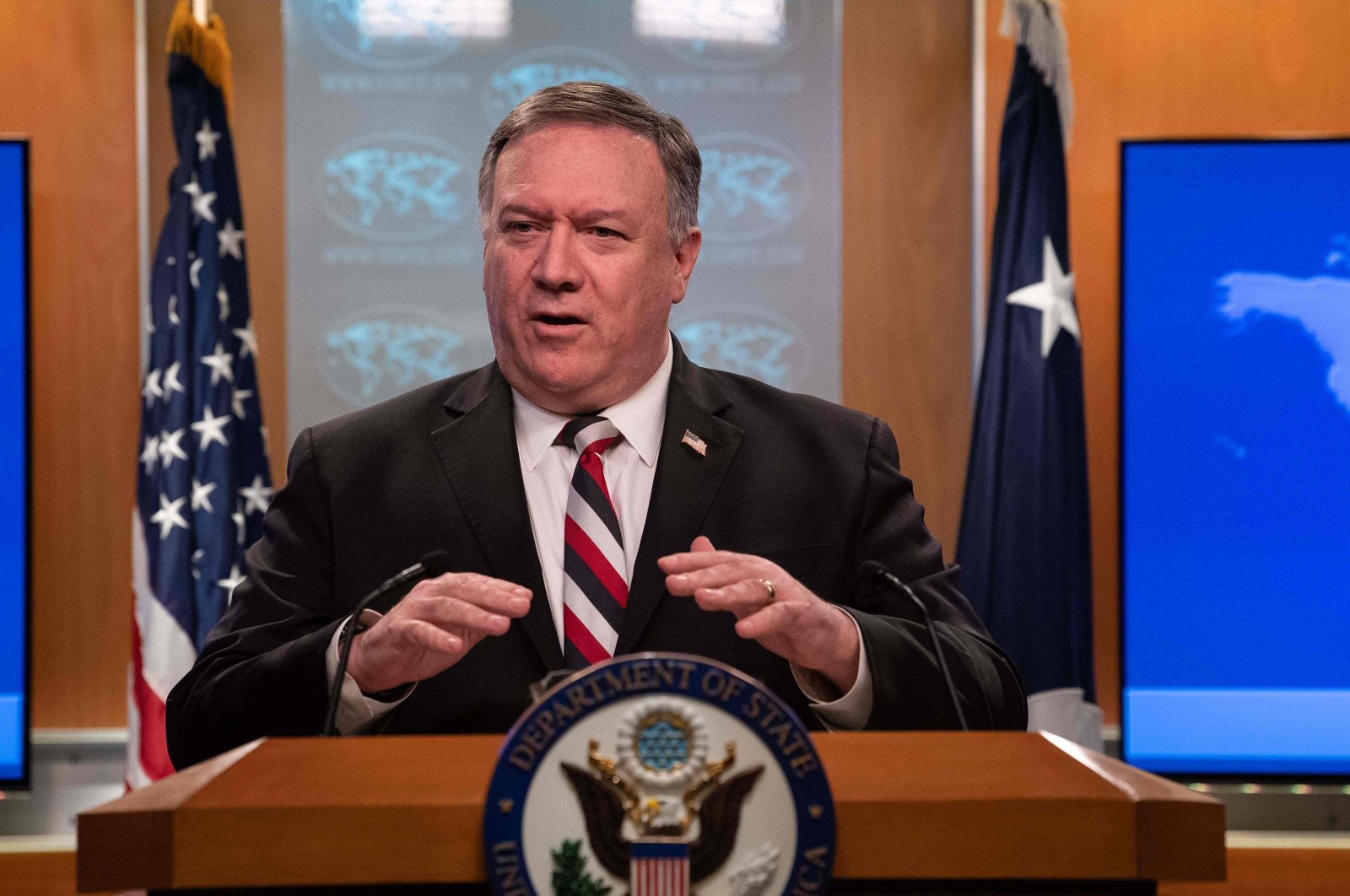 US Secretary of State Mike Pompeo announced sanctions on Syrian regime officials during a press conference at the State Department in Washington DC, on March 17, 2020. (AFP Photo)