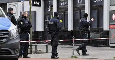 Police secure the hookah bar, Hanau, Feb. 20, 2020. (AP Photo)