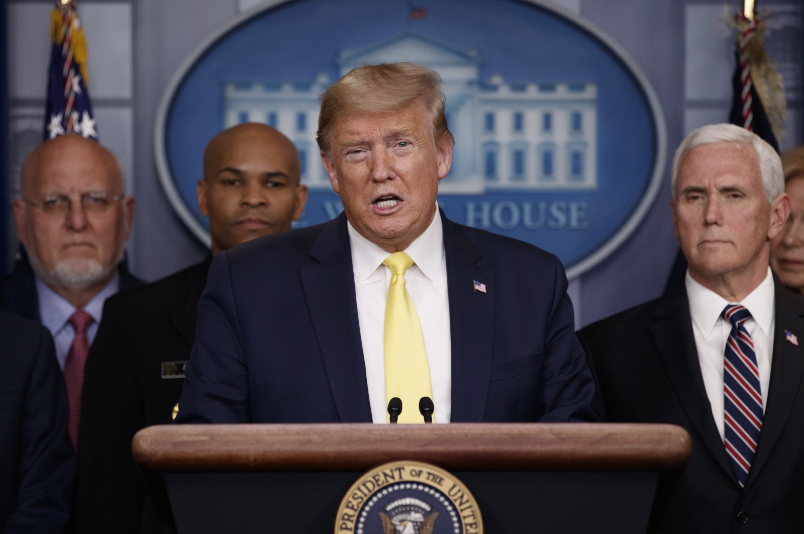 The U.S. President Donald Trump speaks in the briefing room of the White House, Washington, March 9, 2020. (AP Photo)