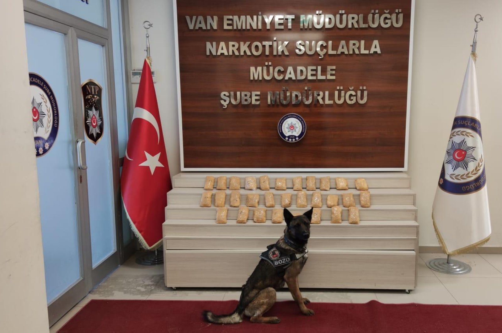 A sniffer dog poses in front of captured drugs, Friday, March 20, 2020, in Van. (AA Photo) 