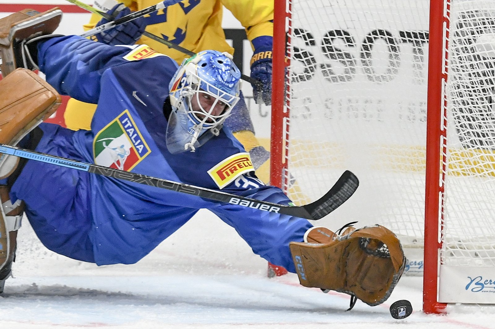 Goalkeeper Marco De Filippo Roia of Italy in action during the IIHF World Championship group B ice hockey match between Italy and Sweden at the Ondrej Nepela Arena in Bratislava, Slovakia, May 12, 2019. (EPA Photo)