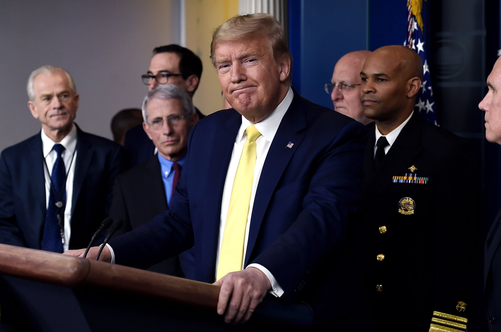 U.S. President Donald Trump speaks about the pandemic alongside members of the Coronavirus Task Force in the Brady Press Briefing Room at the White House, Washington, D.C., March 9, 2020. (AFP Photo)