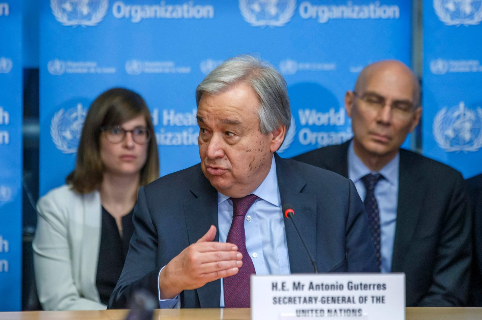 UN Secretary-General Antonio Guterres speaks during an update on the situation regarding the COVID-19 in the SHOC room (Strategic health operations centre) at the World Health Organization (WHO) headquarters in Geneva, Feb. 24, 2020. (AFP)
