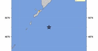 A handout intensity map made available by the United States Geological Survey (USGS) shows the location of a magnitude 7.5 earthquake that struck off the coast of Severo-Kurilsk, Kuril Islands, Russia, March 25, 2020. (EPA Photo)