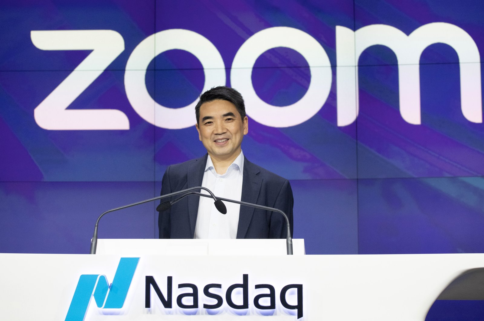 In this April 18, 2019 file photo, Zoom CEO Eric Yuan attends the opening bell at Nasdaq as his company holds its IPO in New York. (AP Photo) 