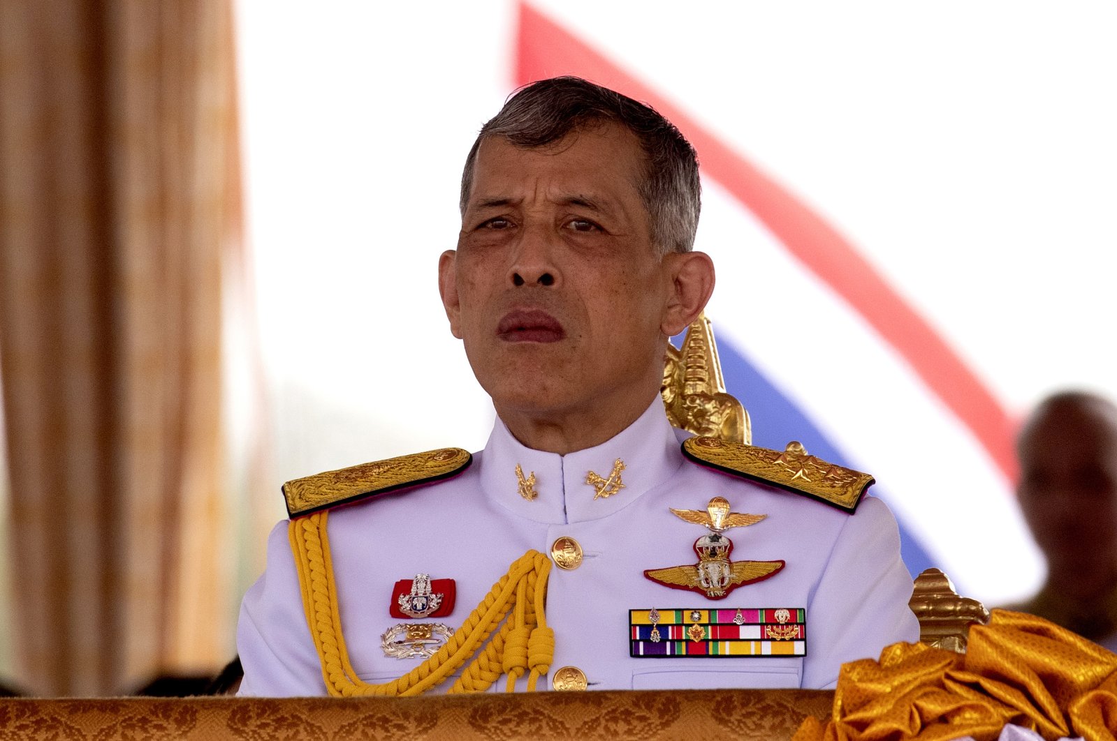 In this May 9, 2019, photo, Thailand's King Maha Vajiralongkorn addresses the audience at the royal ploughing ceremony in Bangkok, Thailand. (AP Photo)