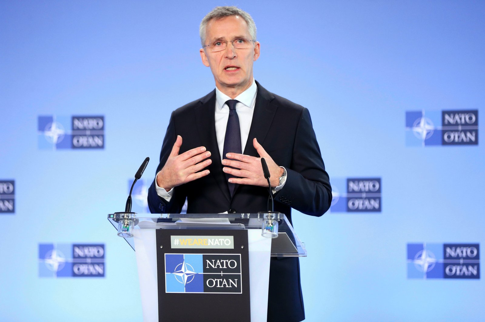 NATO Secretary-General Jens Stoltenberg during a news conference at NATO's headquarters in Brussels, Belgium, March 4, 2020. (AA Photo)