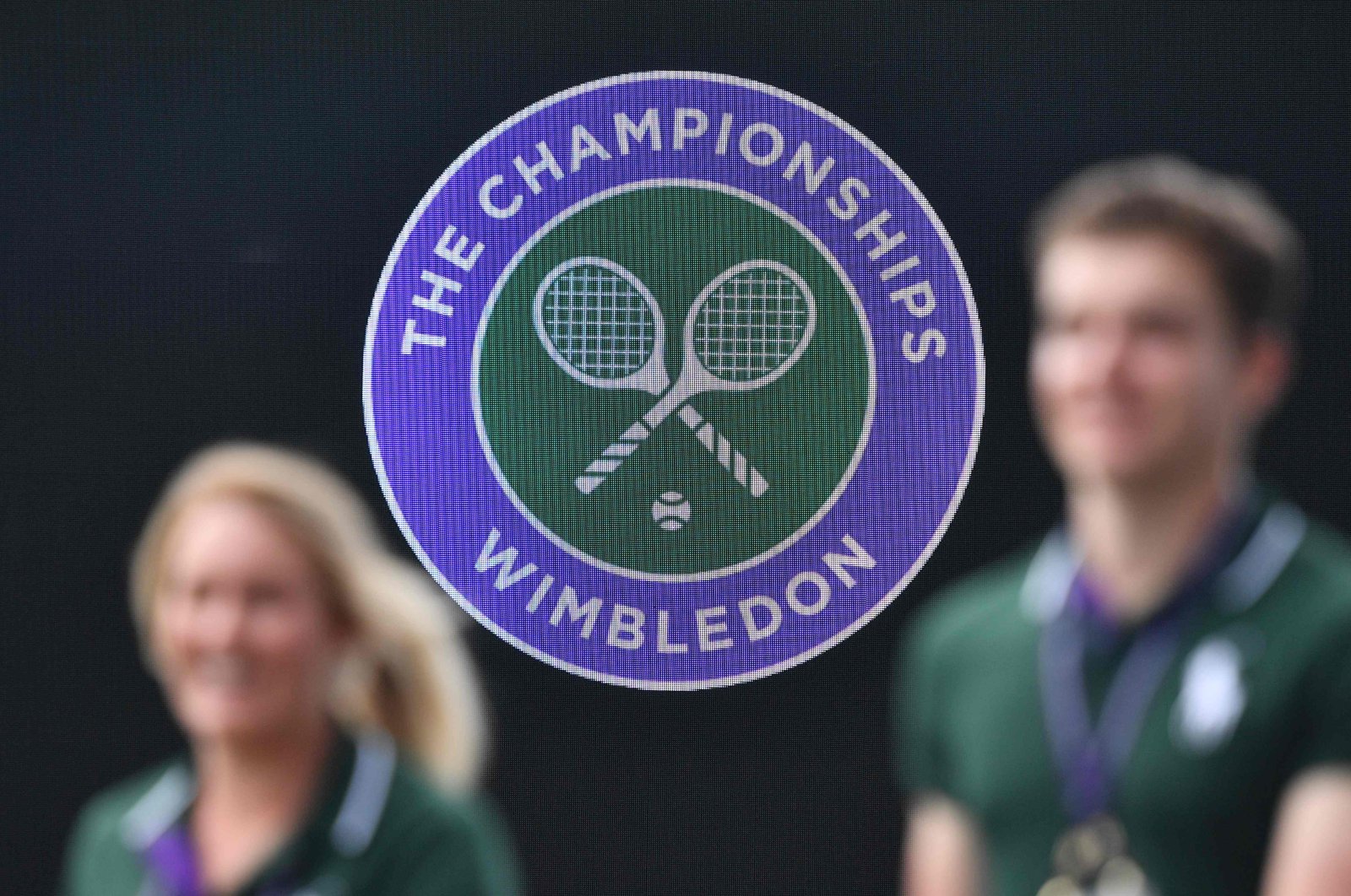 This July 01, 2019, file photo shows the Wimbledon emblem at The All England Tennis Club in Wimbledon, southwest London, July 1, 2019. (AFP Photo)