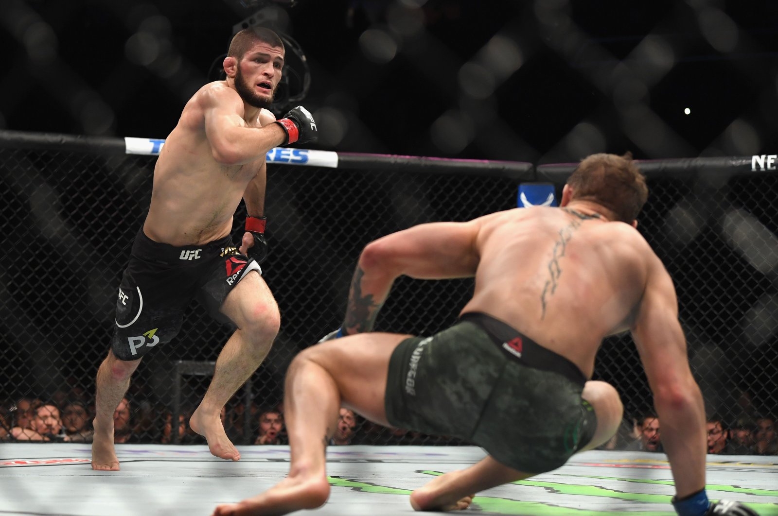 Khabib Nurmagomedov (L) fights Conor McGregor during a lightweight title mixed martial arts bout at UFC 229 in Las Vegas, Oct. 6, 2018. (AFP Photo)