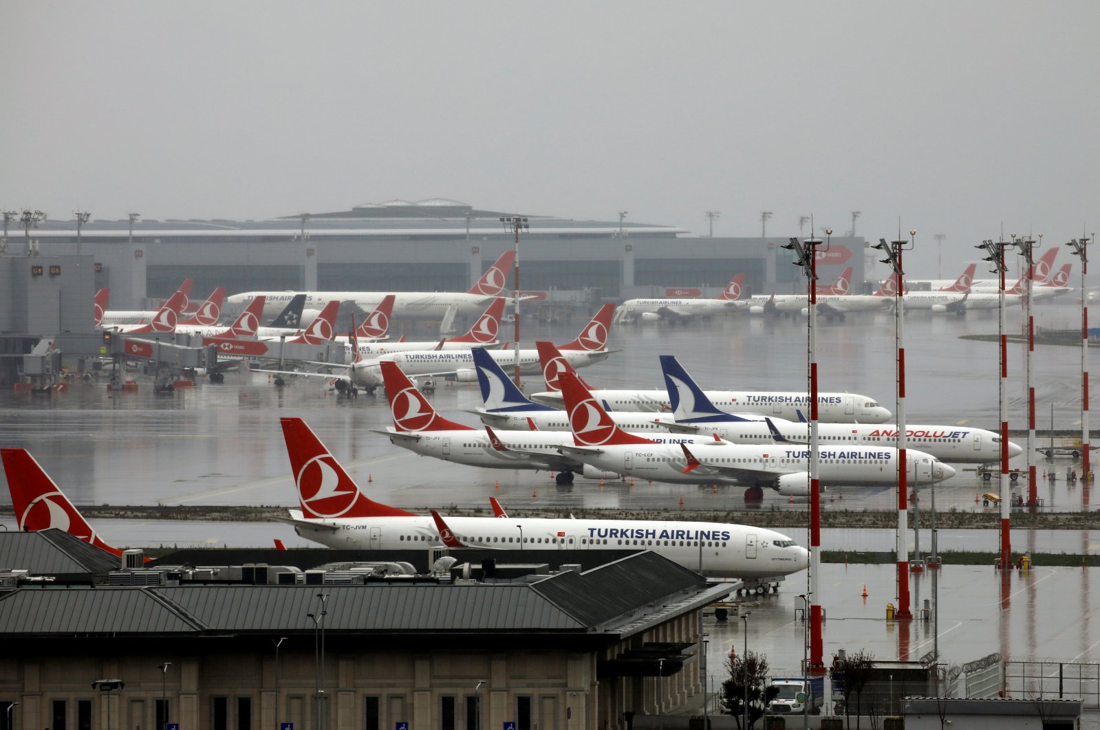 Turkish Airlines airplanes sit on a tarmac, during the outbreak of COVID-19, at Istanbul Airport, Sunday, March 29, 2020. (Reuters Photo)