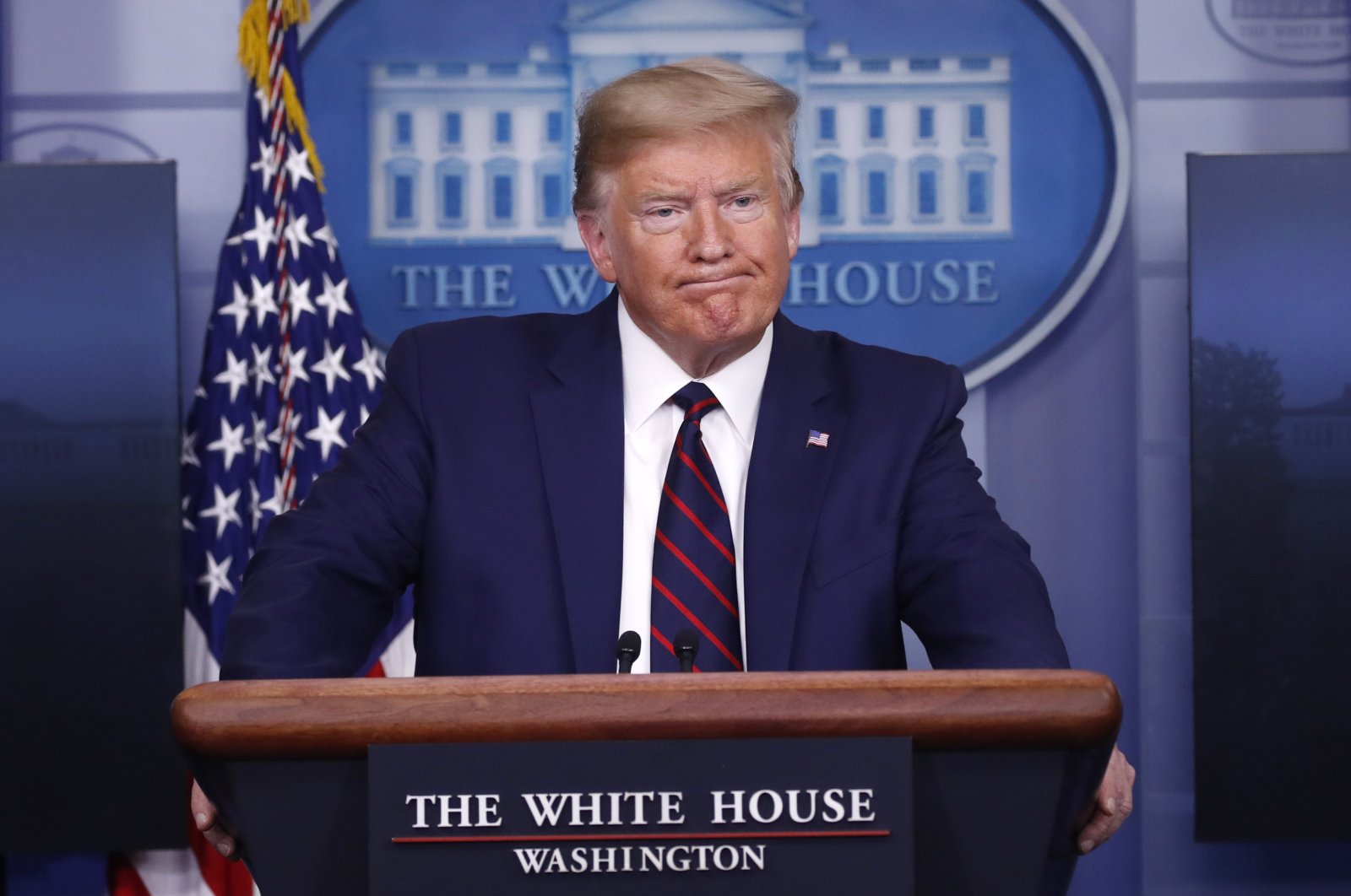 President Donald Trump pauses as he speaks about the coronavirus in the James Brady Press Briefing Room of the White House, Washington D.C., Thursday, April 2, 2020. (AP Photo)